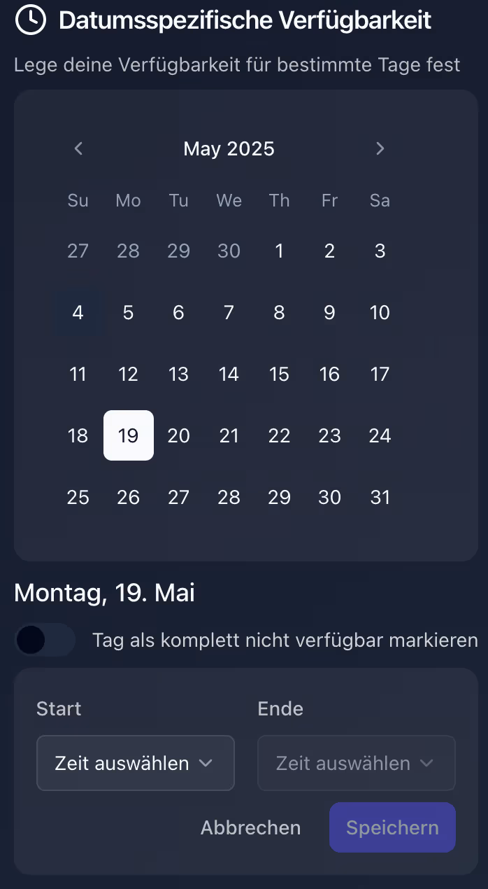 Datumsspezifische Verfügbarkeit einstellen